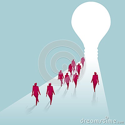 A group of businessmen walk towards the light bulb. Vector Illustration